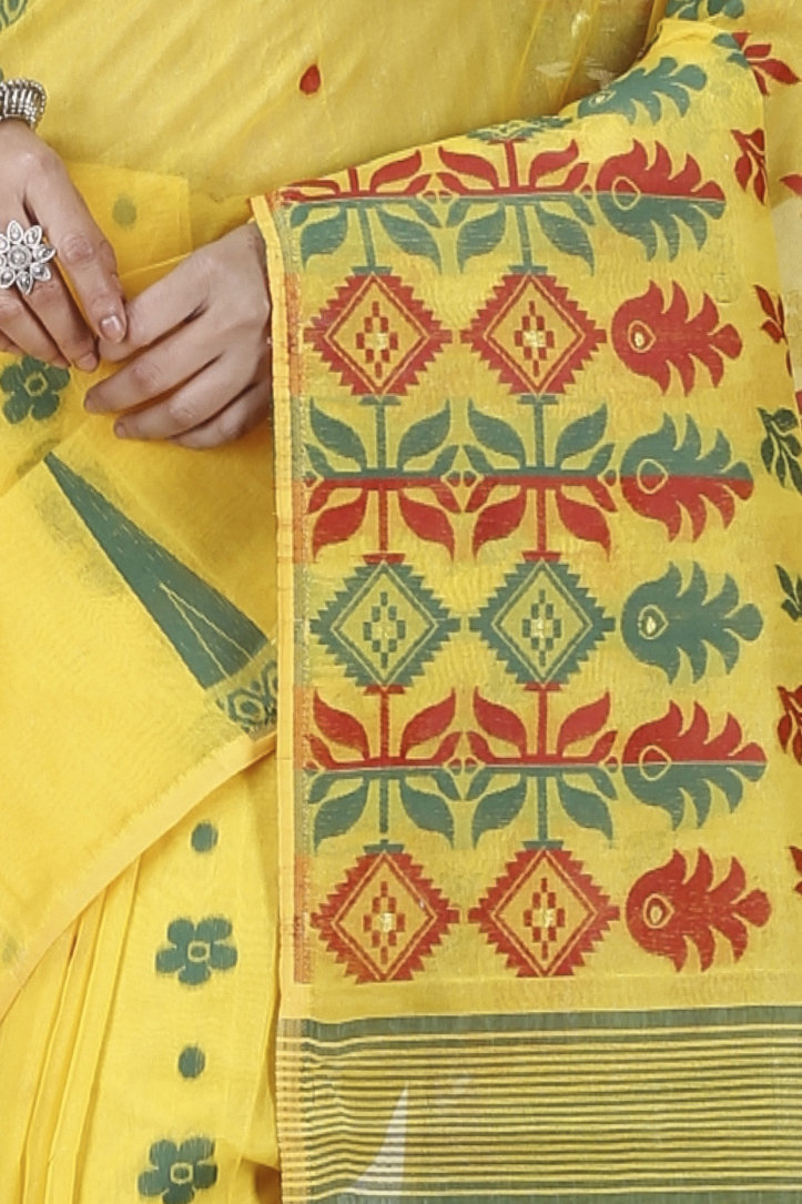 Yellow Pure Cotton Urmila Jamdani Saree (1121)